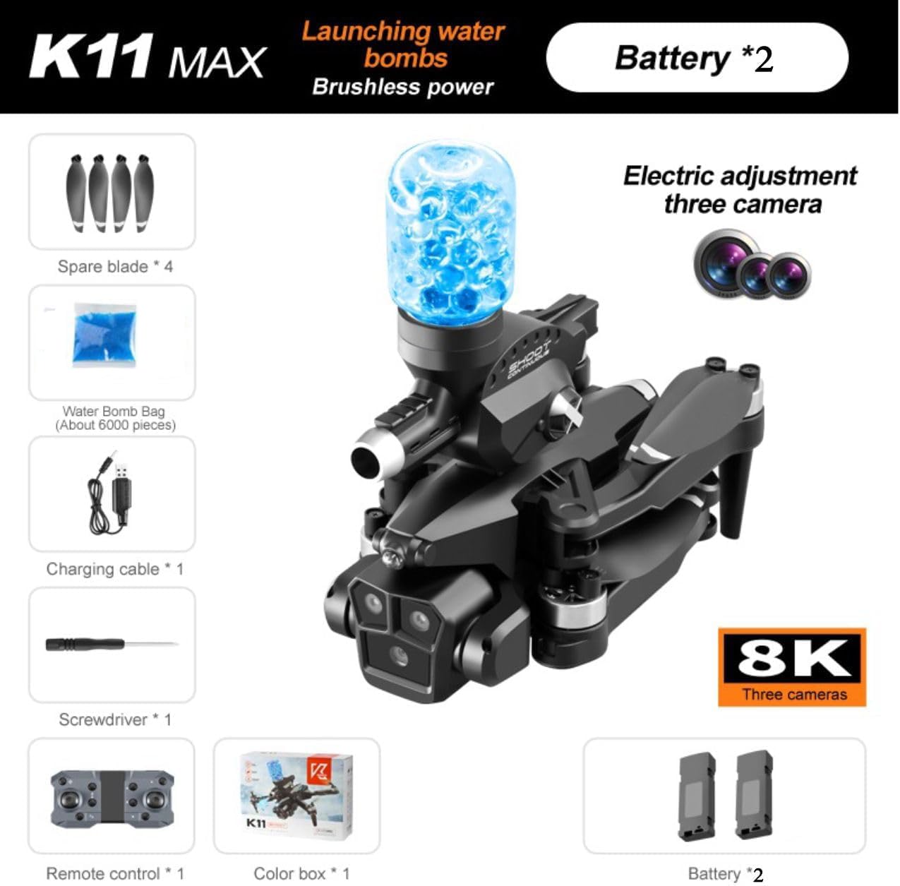 Dron K11 Max Shoot Triple Cámara Dispara Bolitas Hidrogel Negro